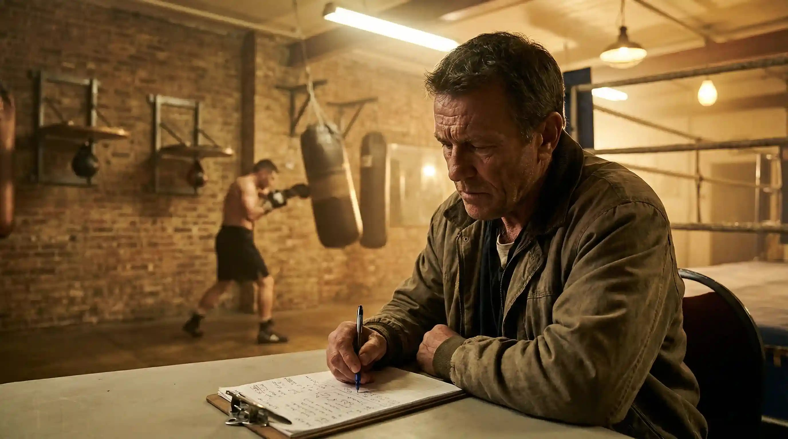 Trainer analysiert Boxkampf am Ringrand mit Notizen – Kampfanalyse für Boxwetten