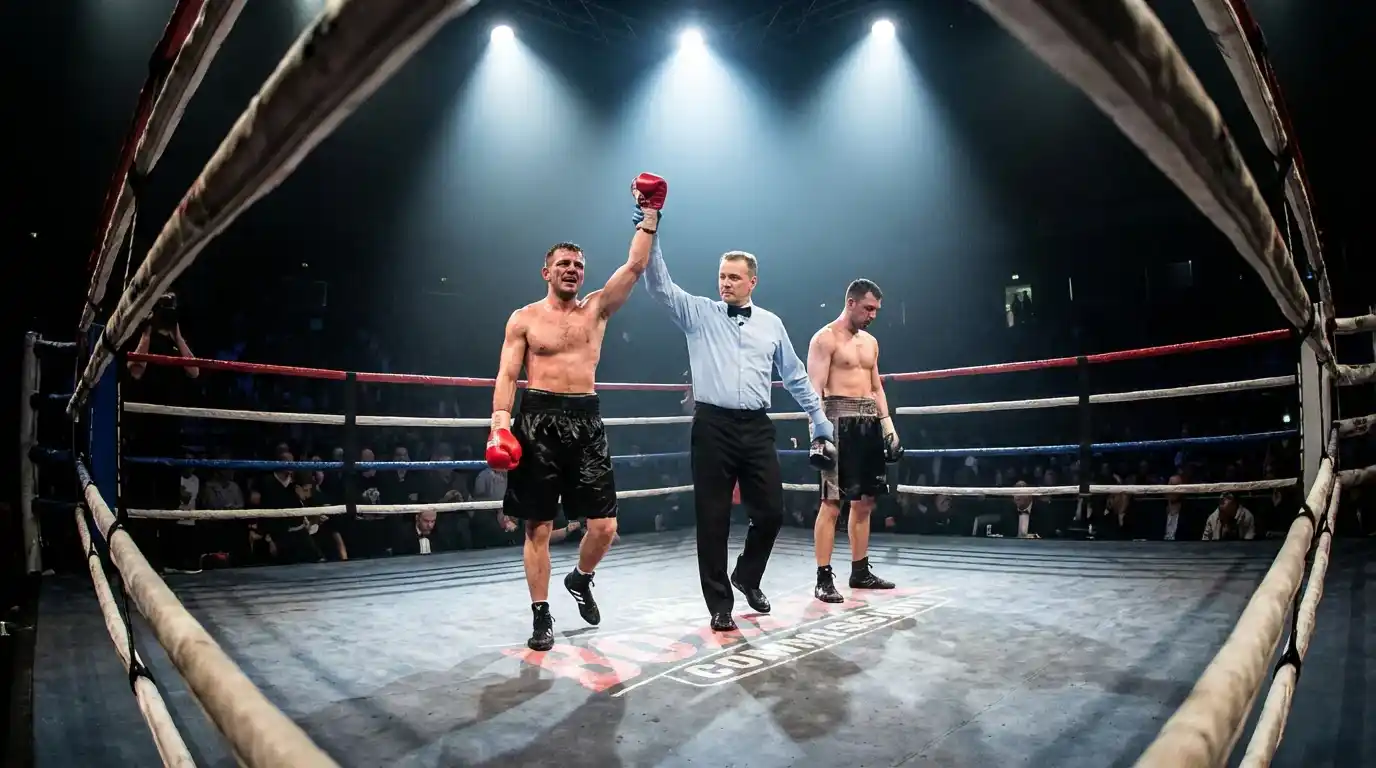 Ringrichter hebt dem Sieger die Hand nach Kampfende – Kampfausgang Wette Boxen