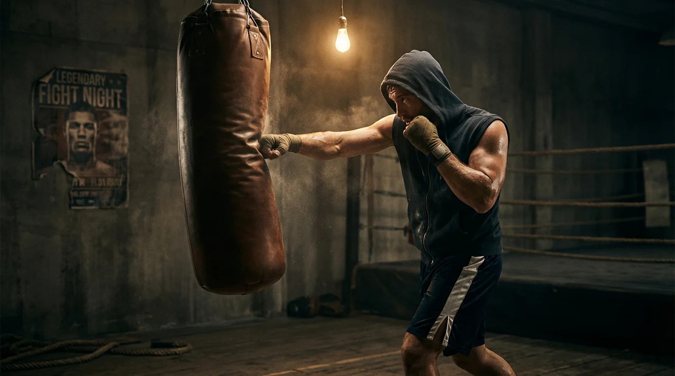 Boxer trainiert am Sandsack in Vorbereitung auf einen Titelkampf – Boxen Langzeitwetten