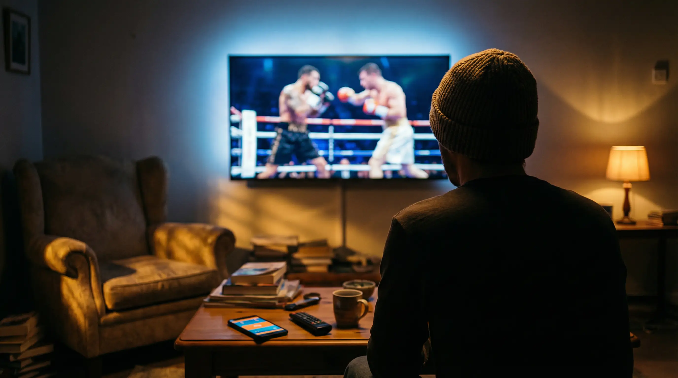 Zuschauer verfolgt Boxkampf auf Bildschirm in dunklem Raum – Boxen Live Stream und Wetten