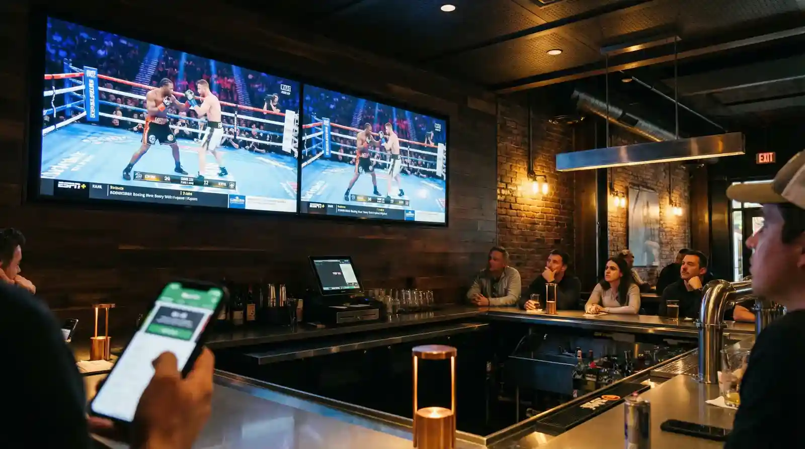 Zuschauer verfolgen einen Boxkampf auf Bildschirmen in einer Sportbar