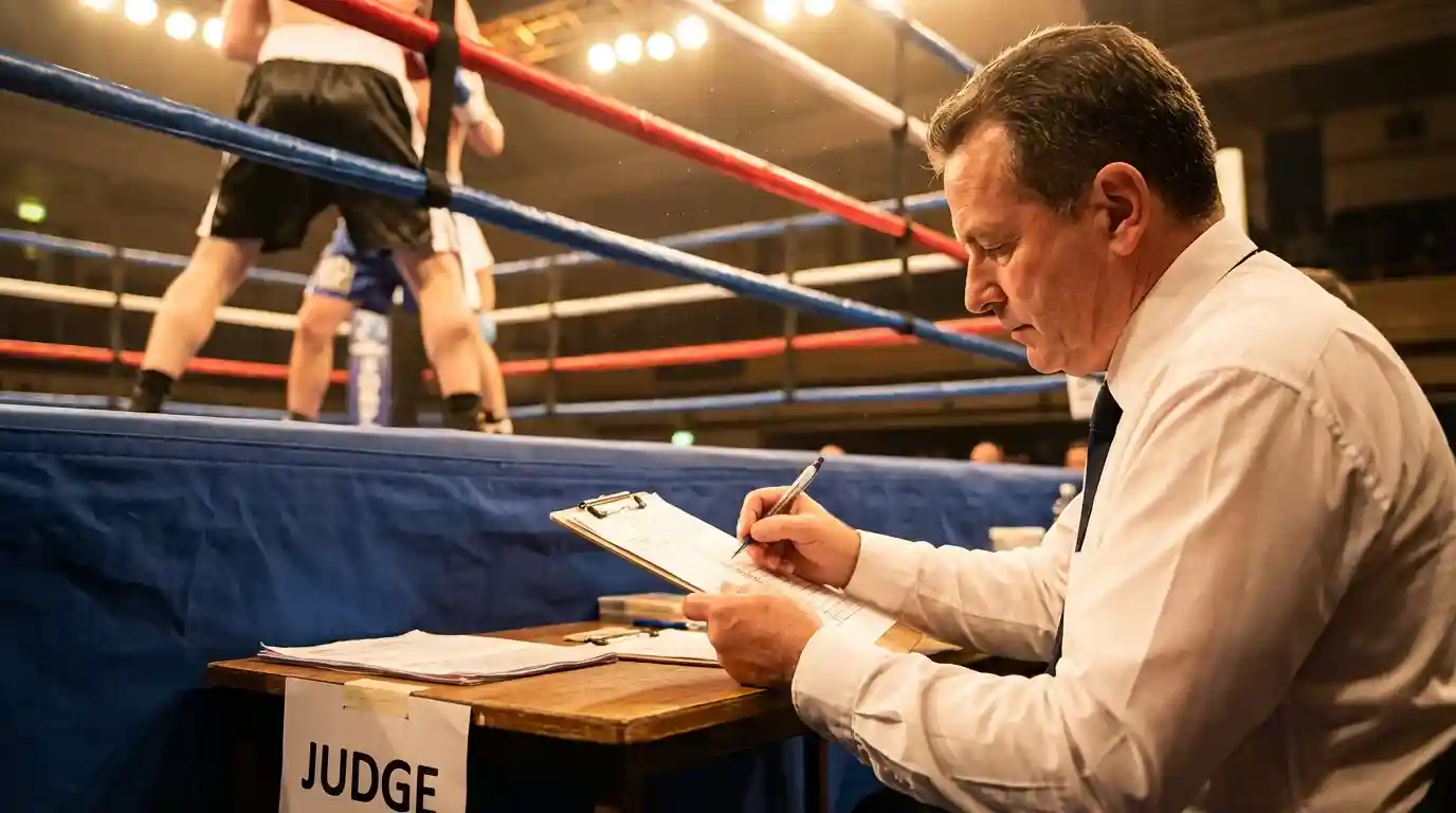 Punktrichter am Ring bewertet Boxkampf mit Wertungskarte – Boxen Punktesystem