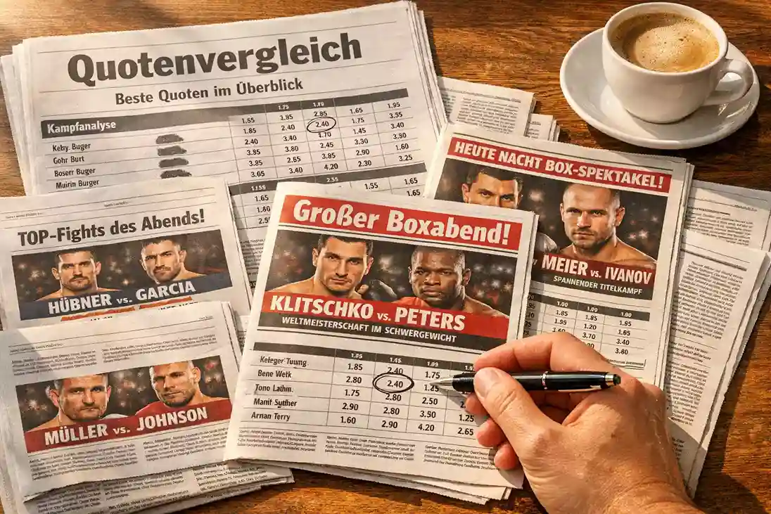 Mehrere aufgeschlagene Sportzeitungen mit Boxkampf-Vorschauen – Boxen Quotenvergleich