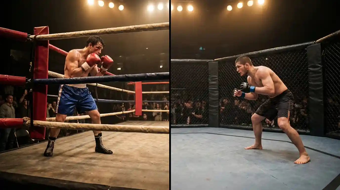 Boxring und MMA-Oktagon nebeneinander in geteilter Szene – Boxen vs. MMA Wetten