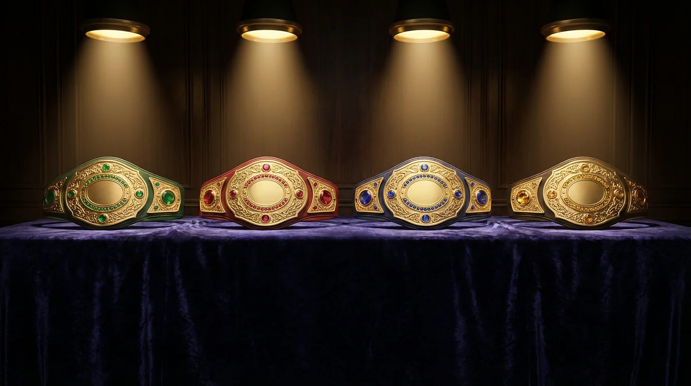 Vier Weltmeistergürtel nebeneinander auf dunklem Samt – Boxen Weltverbände
