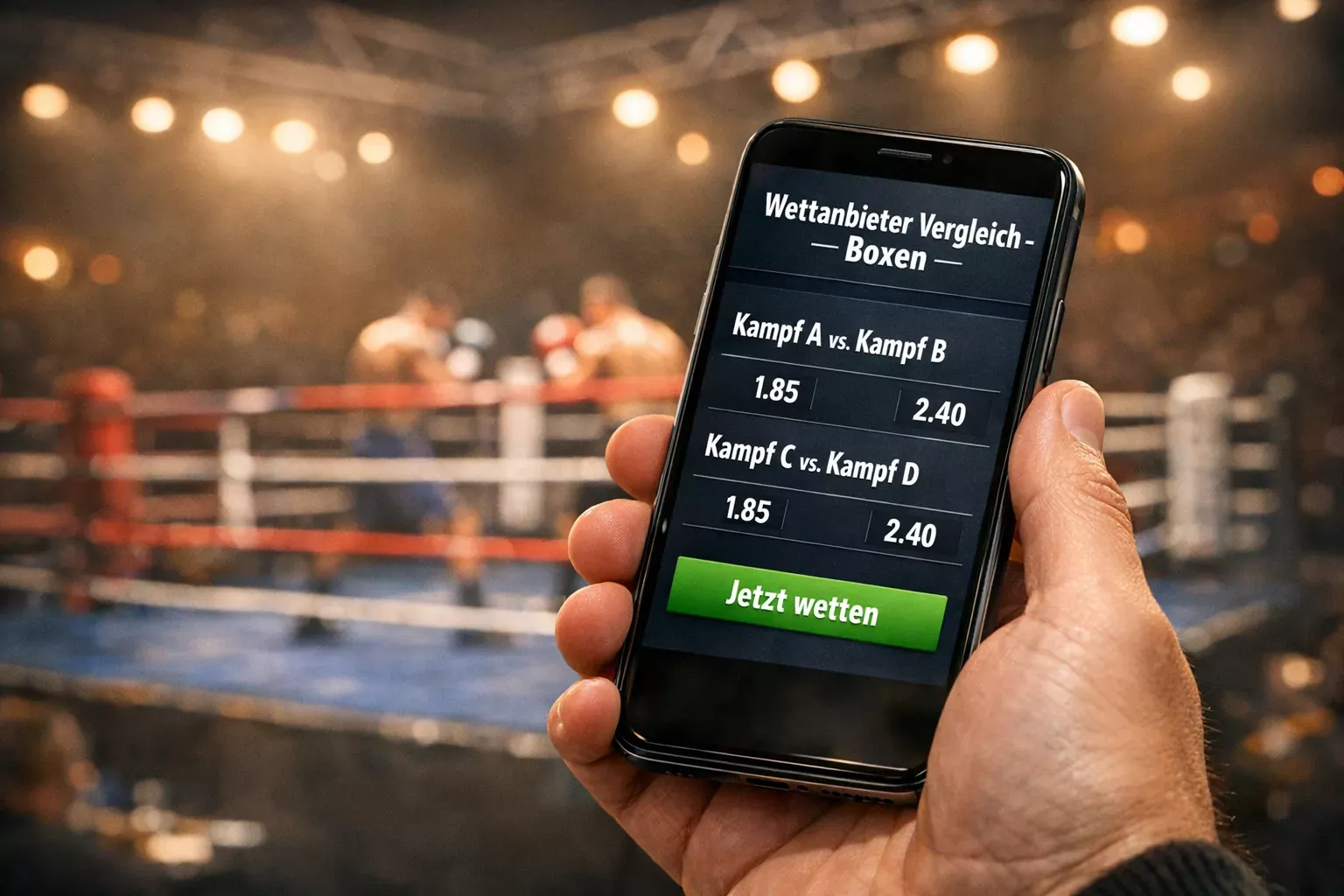 Boxen Wettanbieter: Smartphone mit Wett-App neben einem Boxring