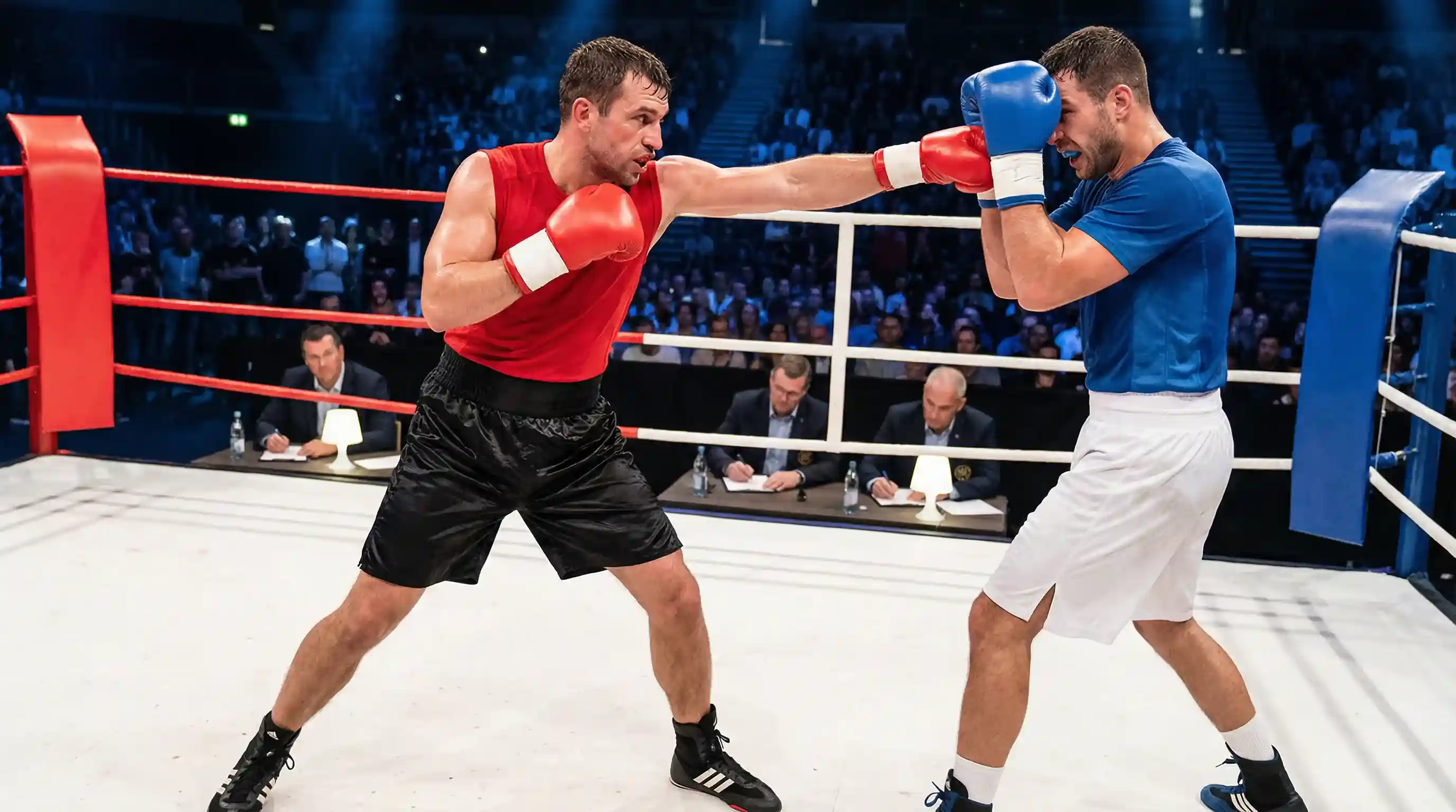 Boxer im Ring während eines professionellen Boxkampfs mit Punktrichtern am Ringrand
