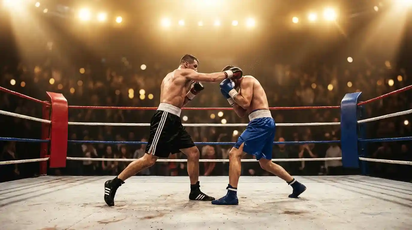 Boxen Wettarten: Boxring mit zwei Kämpfern unter Scheinwerferlicht