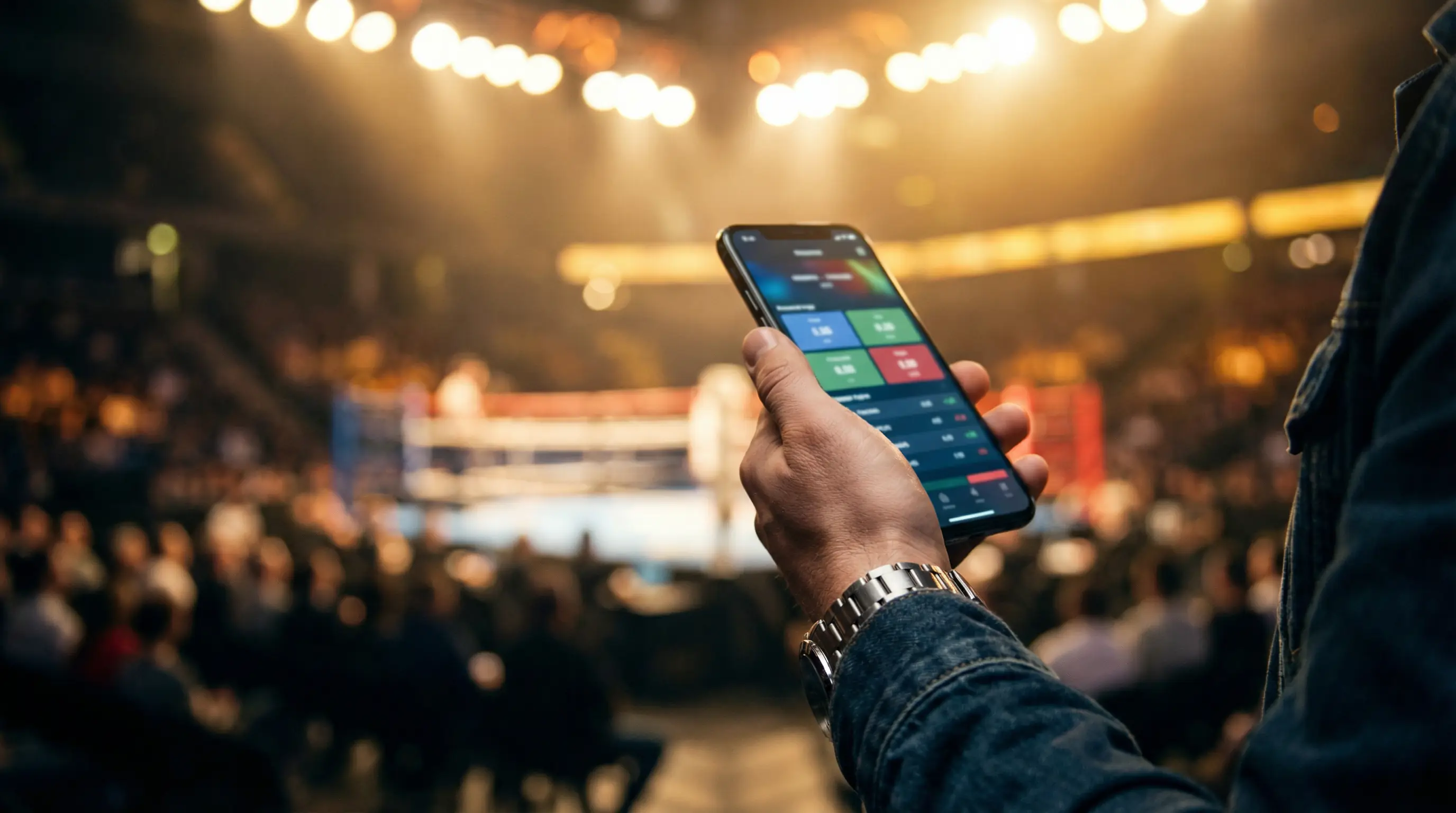 Hand hält Smartphone am Ringrand während eines Boxkampfs – Boxen Wetten App