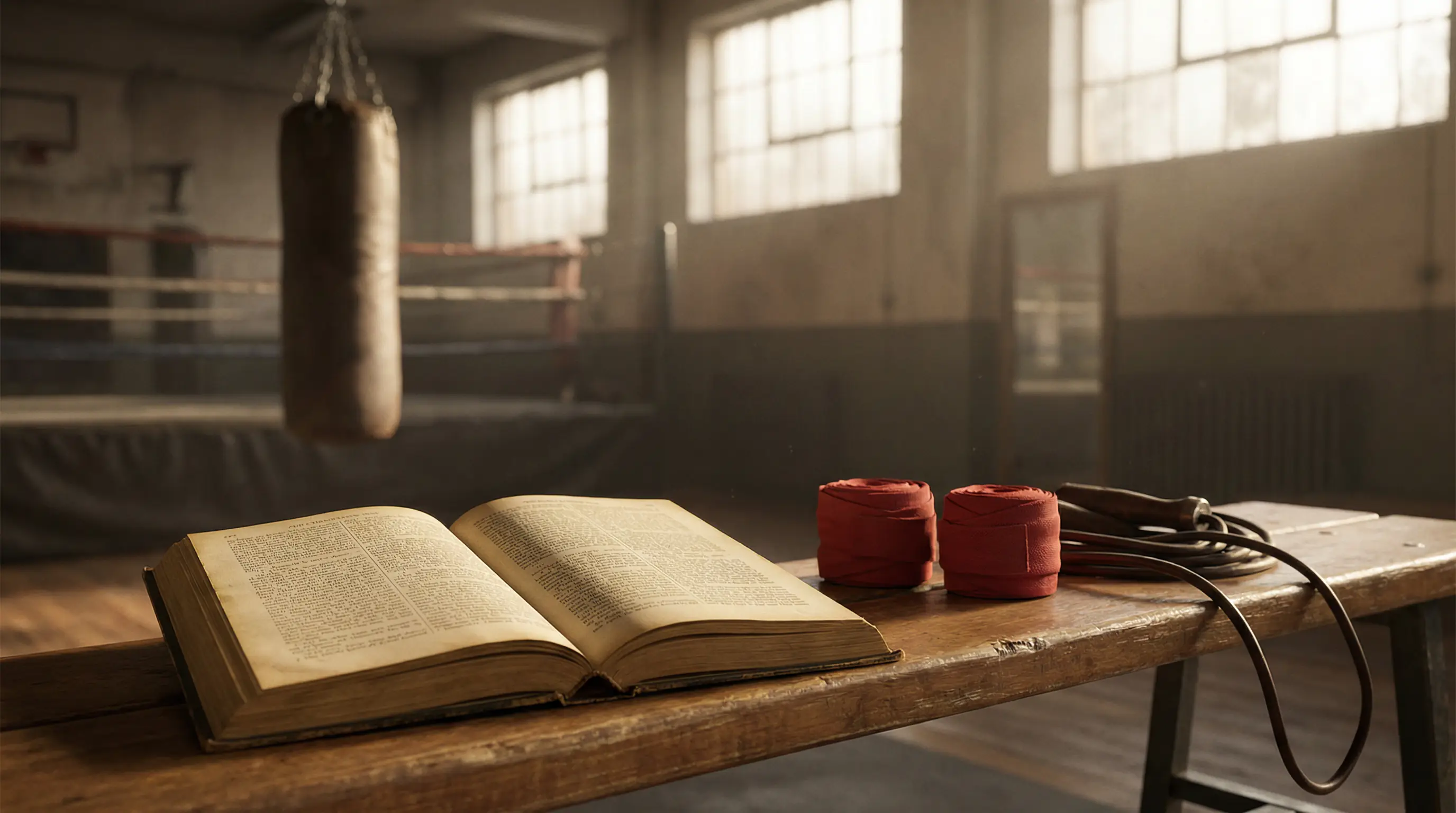 Aufgeschlagenes Boxsport-Lexikon neben Handwickeln und Springseil – Boxen Wetten Glossar