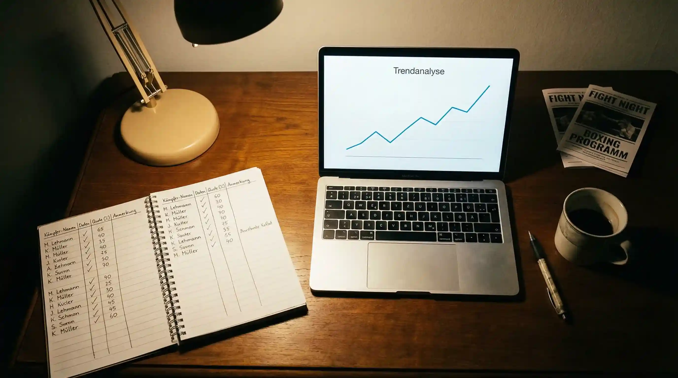 Notizbuch mit Wettstrategie-Notizen und Statistiken neben einem Laptop