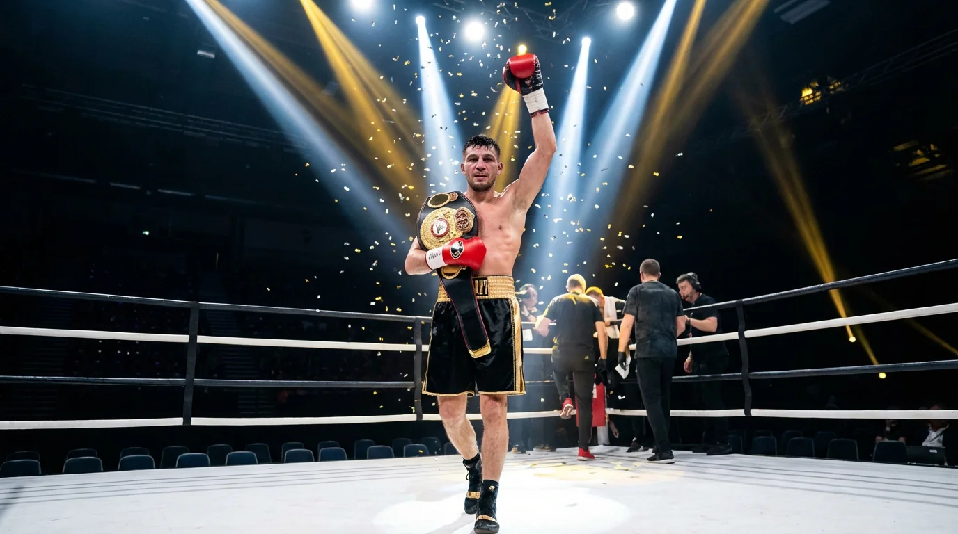 Boxer mit Weltmeistergürtel über der Schulter im Rampenlicht – Boxen WM-Kämpfe Wetten