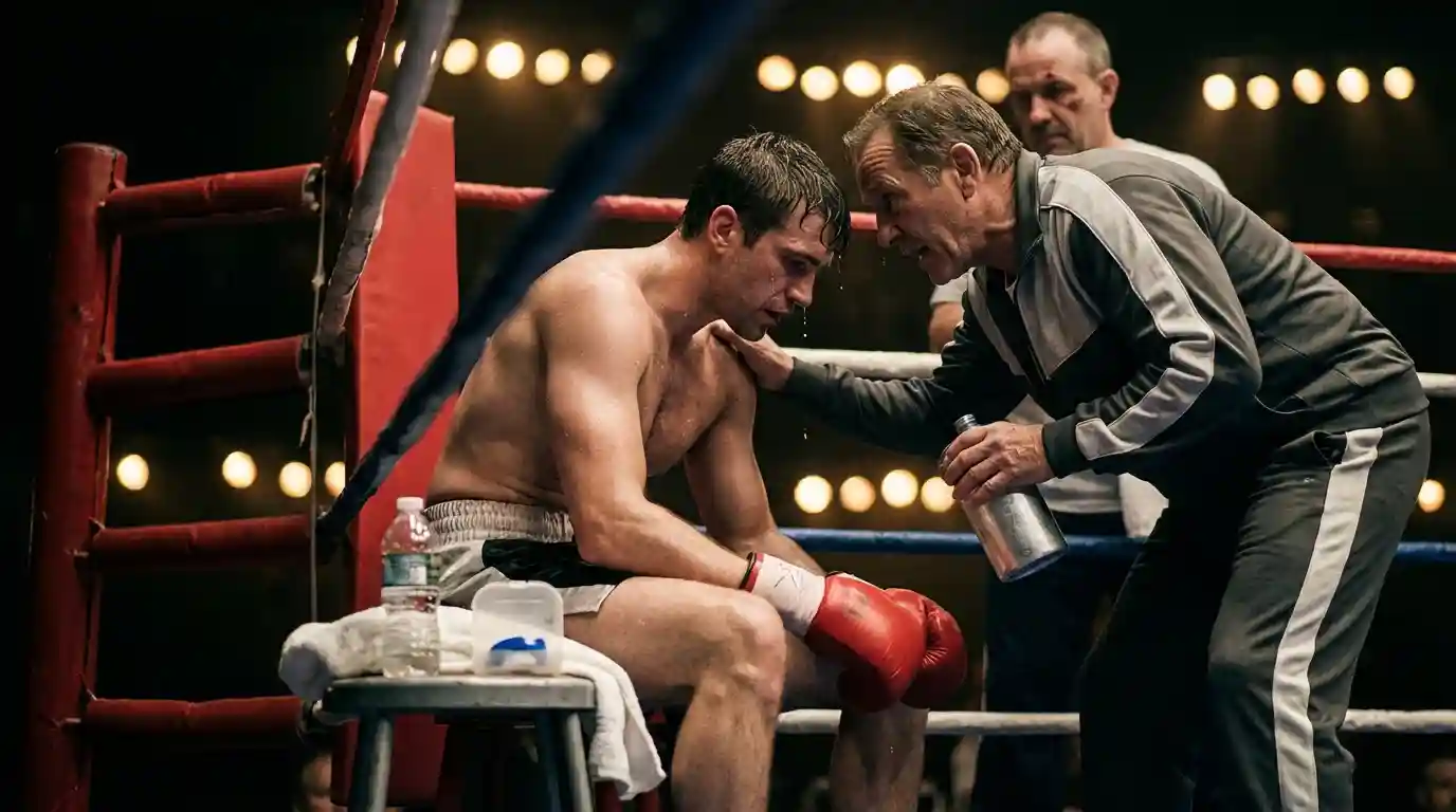 Boxer in der Ringecke zwischen den Runden wägt seine Optionen ab – Cash-Out bei Boxen Wetten