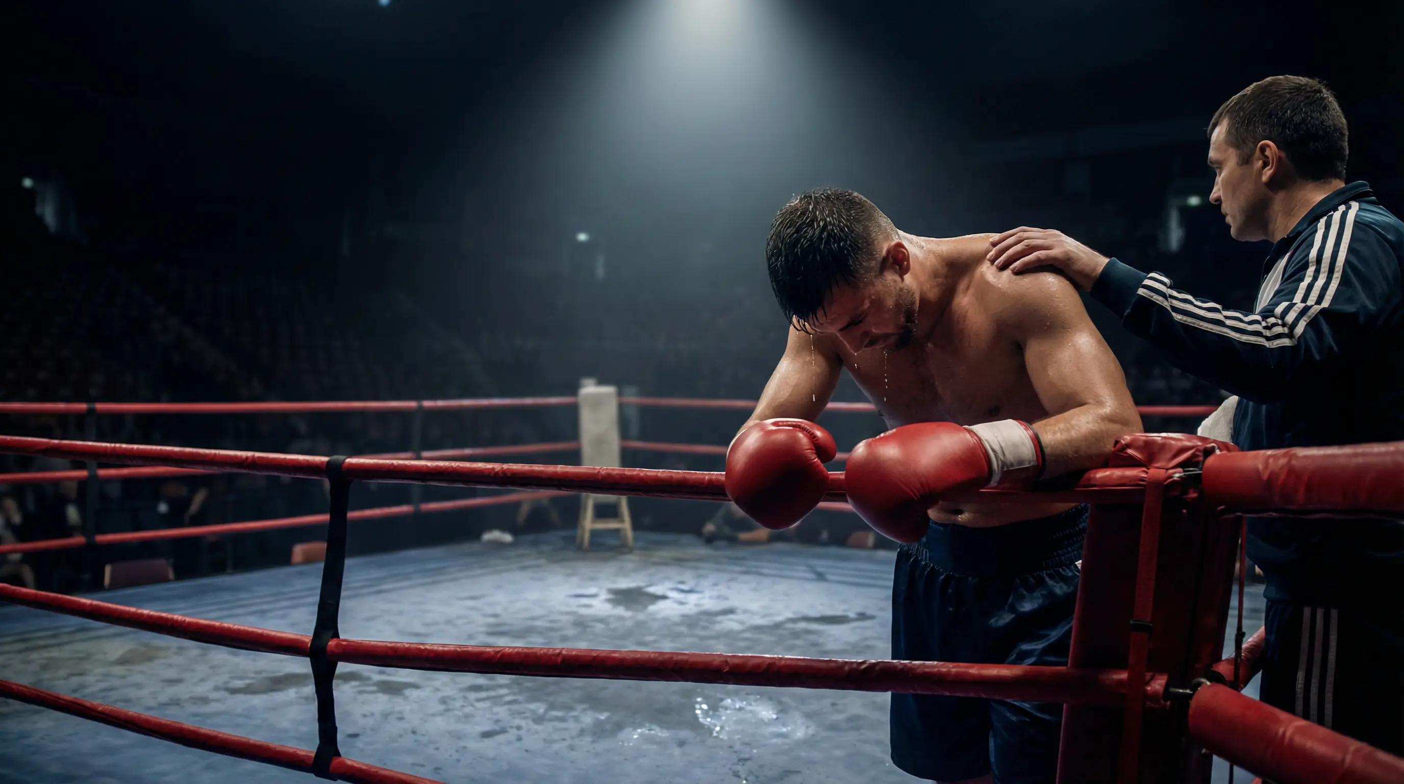 Frustrierter Boxer stützt sich auf die Ringseile nach einer Niederlage – Fehler bei Boxen Wetten
