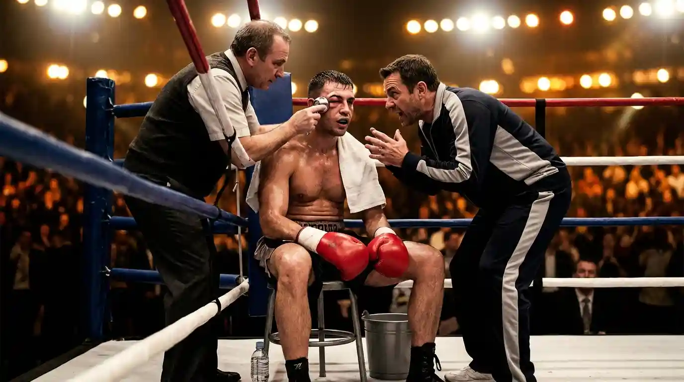 Live Wetten Boxen: Boxer im Ringeck während der Rundenpause unter Scheinwerfern