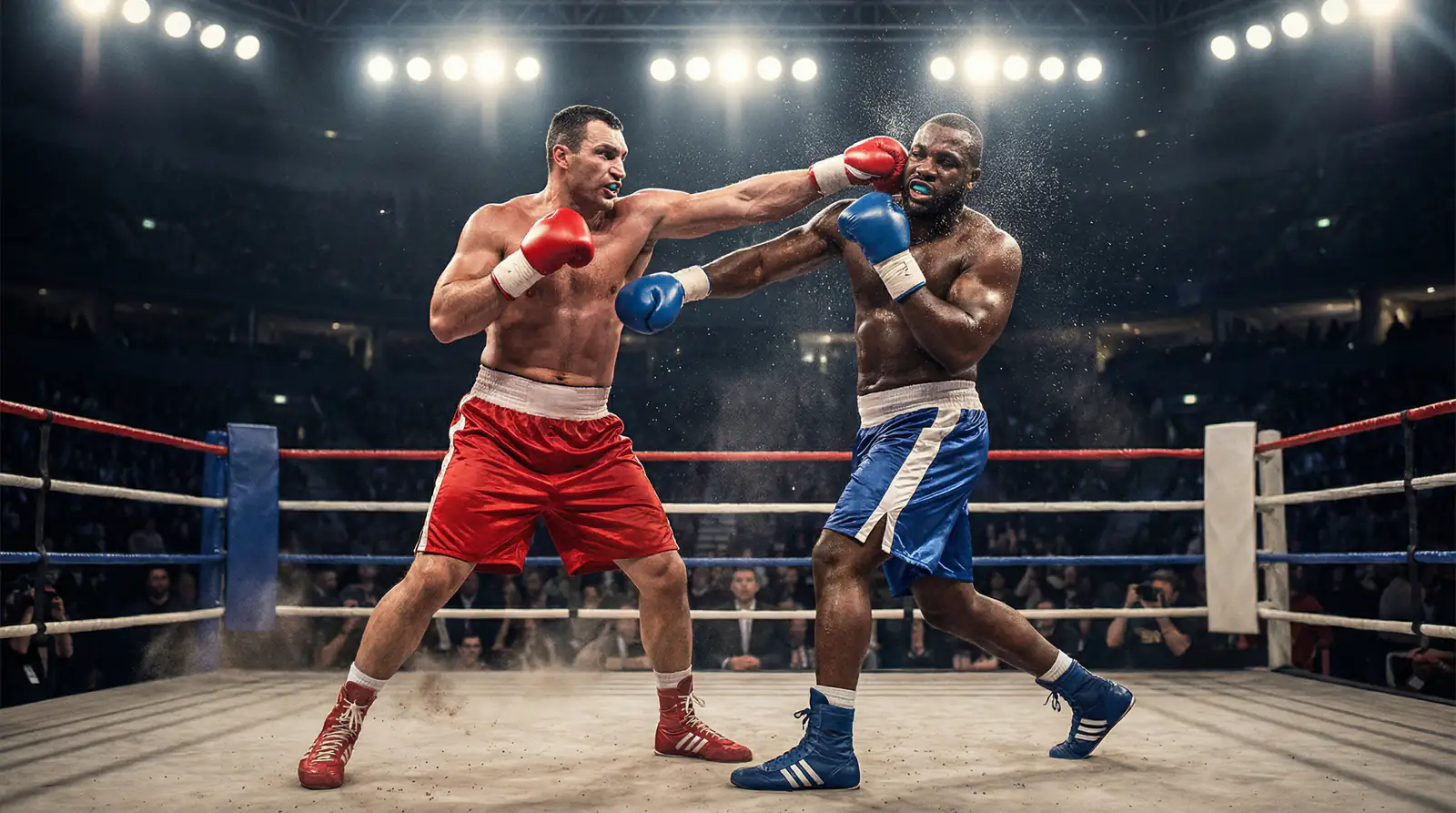 Zwei Schwergewichtsboxer im Schlagabtausch unter Arenatellern – Schwergewicht Boxen Wetten